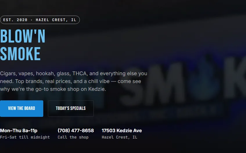 Homepage of the Blow'n Smoke site