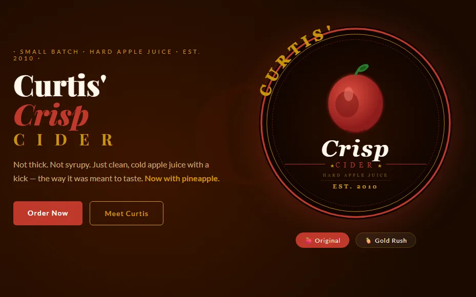 Homepage of the Curtis' Crisp Cider site